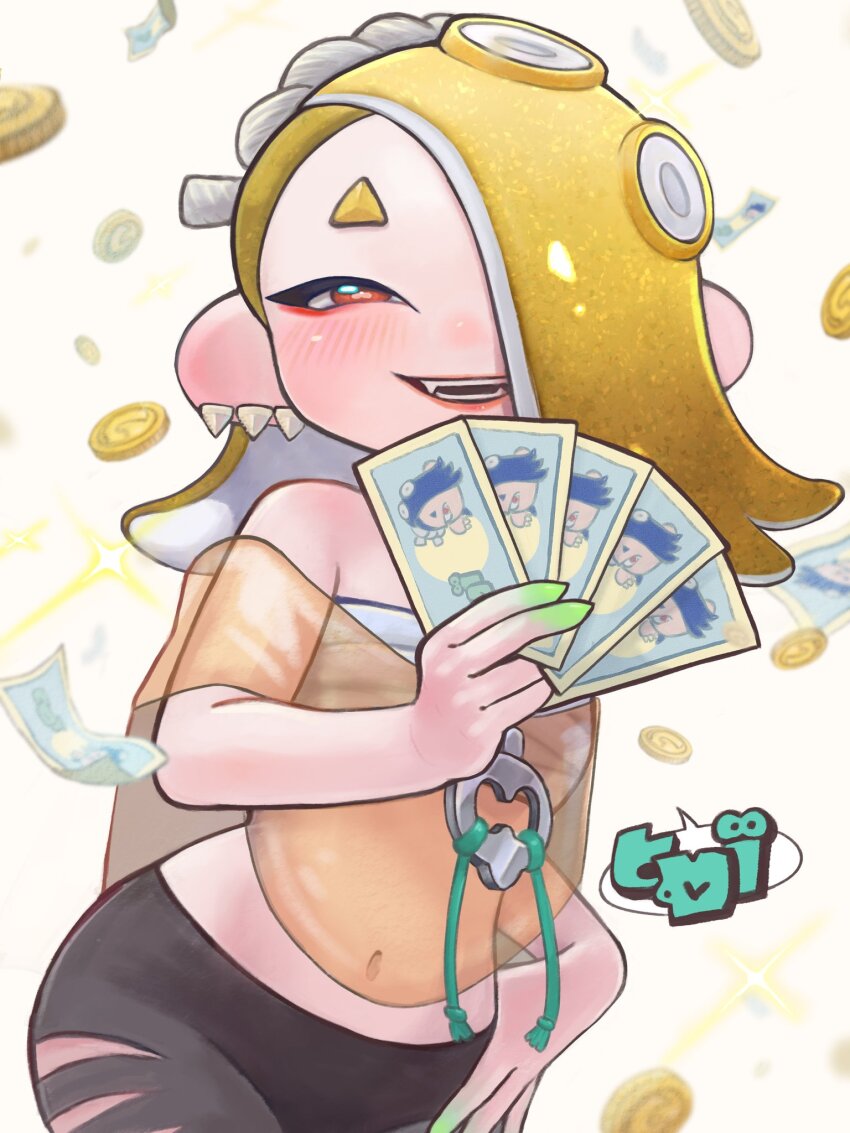 1girl, :d, asymmetrical_hair, bare_shoulders, blonde_hair, cephalopod_eyes, chest_sarashi, coin