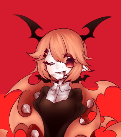 1girl, black_dress, blood, blood_from_mouth, blood_on_face, borealis-3, cranber_(funamusea), demon_girl, dress, funamusea, haiiro_teien, looking_at_viewer, lowres, one_eye_closed, pink_background, pink_eyes, pink_hair, solo