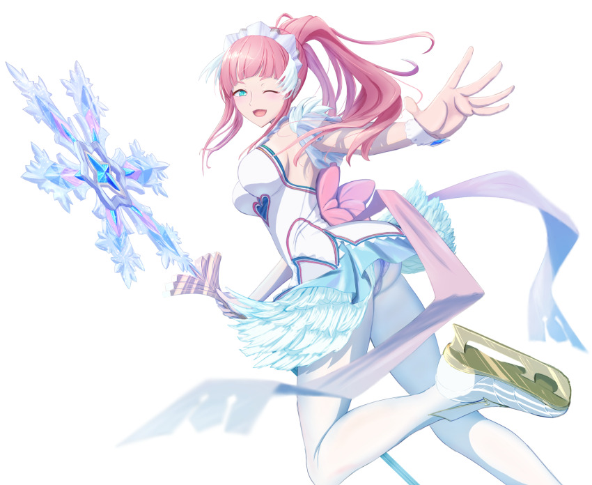 1girl, axe, blue_eyes, blush, breasts, dress, feather_trim, felicia_(fire_emblem)