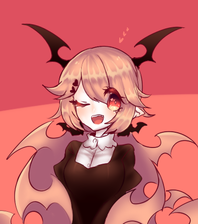 1girl, black_dress, borealis-3, cranber_(funamusea), demon_girl, dress, funamusea, haiiro_teien, looking_at_viewer, lowres, one_eye_closed, pink_background, pink_eyes, pink_hair, solo