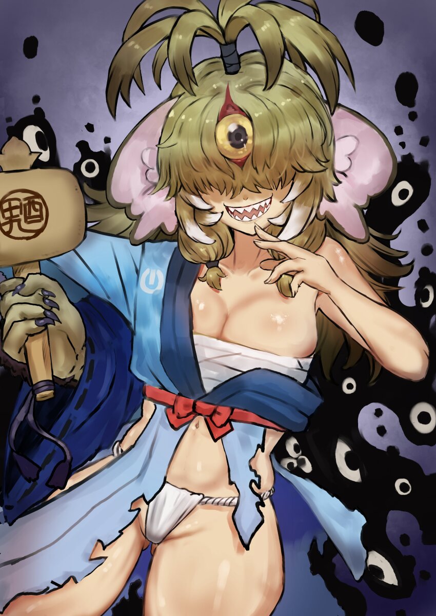 1girl, absurdres, adeshi_(adeshi0693119), animal_ears, bare_shoulders, blue_kimono, breasts, claws, cleavage, extra_ears, fang, fundoshi, green_hair, grey_background, hair_over_eyes, hammer, highres, japanese_clothes, kemono_friends, kimono, large_breasts, long_hair, looking_at_viewer, sanmoto_gorozaemon_(kemono_friends), sarashi, simple_background, solo, yellow_eyes