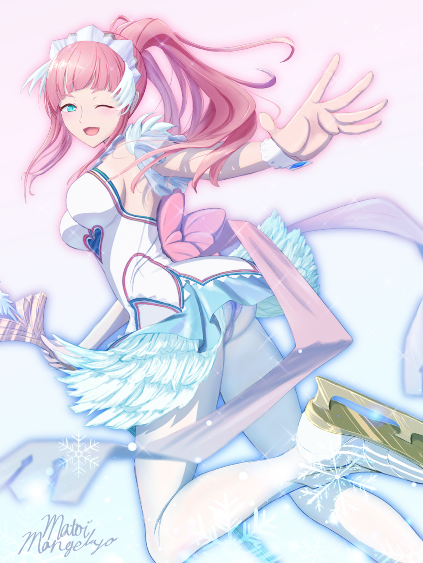 1girl, blue_eyes, blush, breasts, feather_trim, felicia_(fire_emblem), felicia_(ice)_(fire_emblem), figure_skating