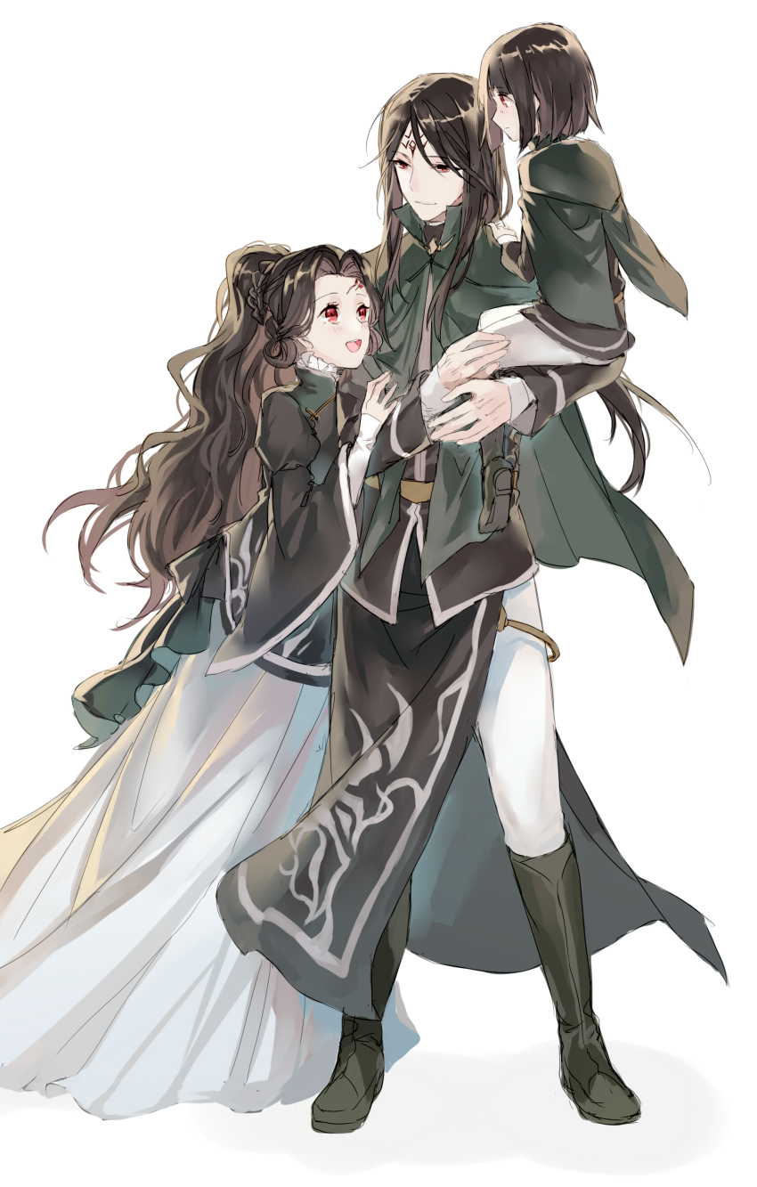 1girl, 2boys, absurdres, aged_down, almedha_(fire_emblem), black_footwear, black_hair, boots