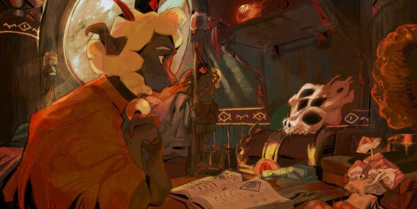 1boy, bell, book, crown, cult_of_the_lamb, furry, furry_male, goat_horns, highres, horns, neck_bell, open_book, pinkiepig, procreate_(medium), red_crown_(cult_of_the_lamb), sitting, skull, solo, the_lamb_(cult_of_the_lamb), white_fur