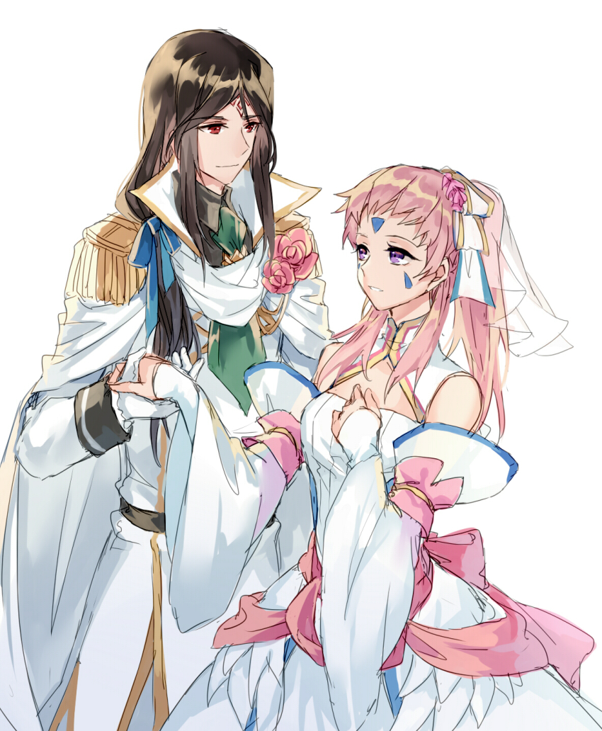 1boy, 1girl, black_hair, bridal_veil, bride, couple, dress, ena_(fire_emblem)