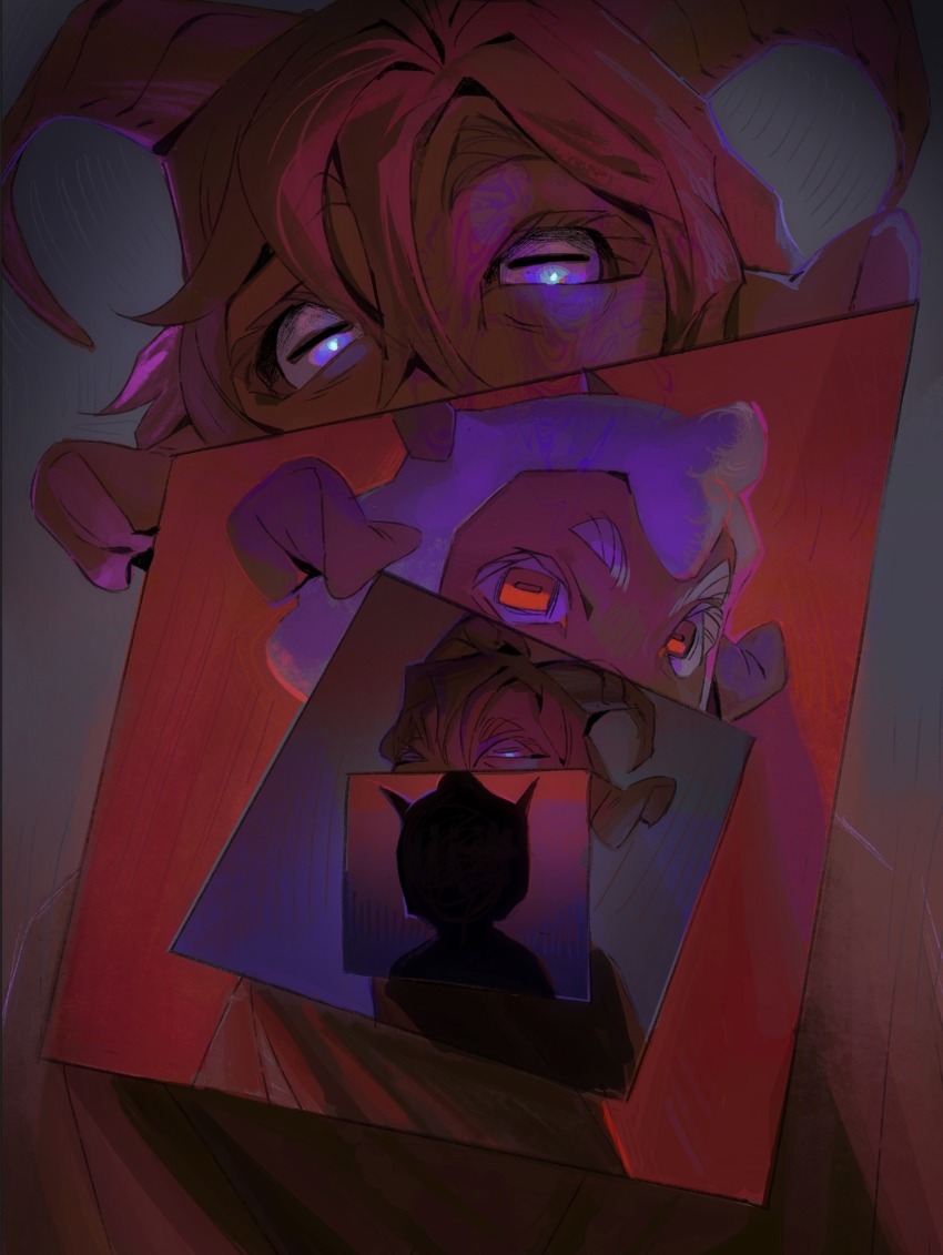 2boys, cult_of_the_lamb, dark_background, furry, furry_male, goat_boy, goat_horns, highres, horns, looking_at_viewer, multiple_boys, pinkiepig, red_eyes, sheep_boy, sheep_horns, the_goat_(cult_of_the_lamb), the_lamb_(cult_of_the_lamb), white_eyes