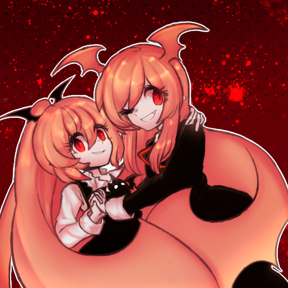 2girls, black_dress, blood, blood_splatter, borealis-3, demon_girl, dress, funamusea