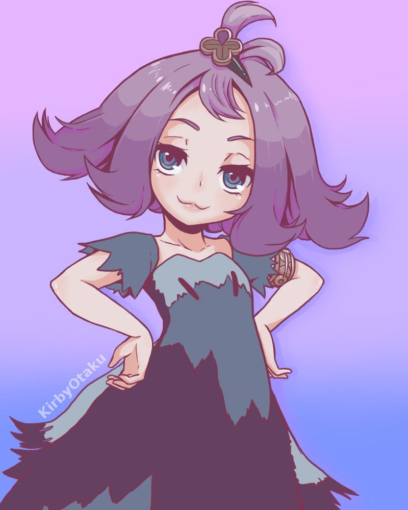 1girl, acerola_(pokemon), armband, dress, hair_ornament, hands_on_own_hips, hands_out, kirby_otaku, nintendo, pokemon, pokemon_sun_and_moon, purple_hair, x_hair_ornament