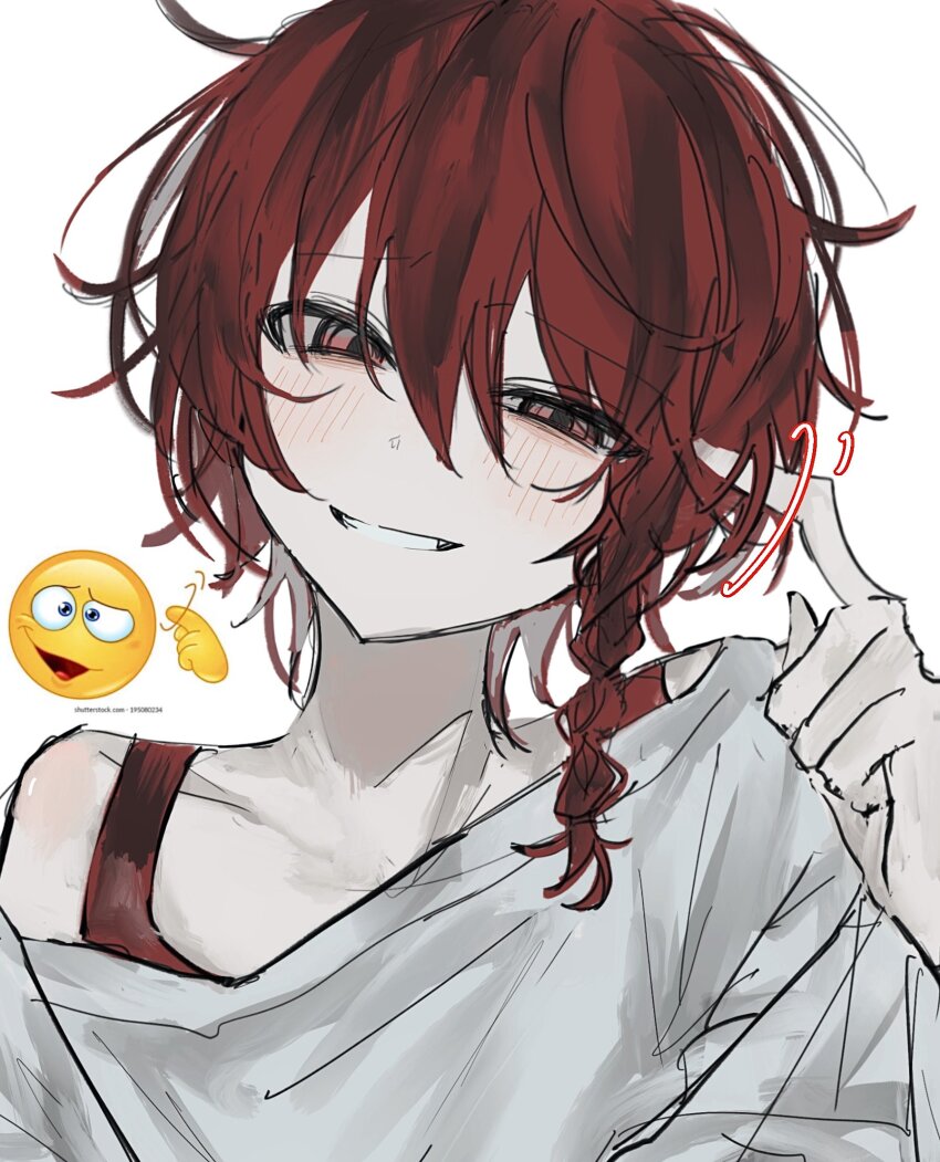 1boy, braid, cuckoo_gesture, finger_twirl, grin, hair_between_eyes, head_tilt, highres