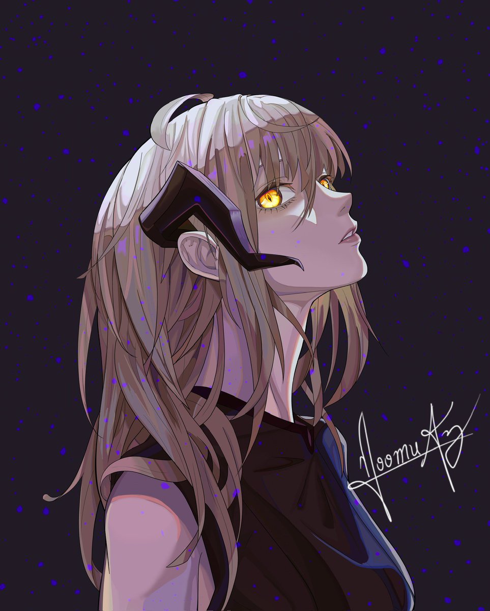 1girl, ahoge, black_background, black_shirt, blonde_hair, collared_shirt, female_focus, highres, horns, long_hair, looking_at_viewer, looking_to_the_side, noomuaz, open_mouth, points, serious, shirt, solo, sylvie_indrath, the_beginning_after_the_end, yellow_eyes