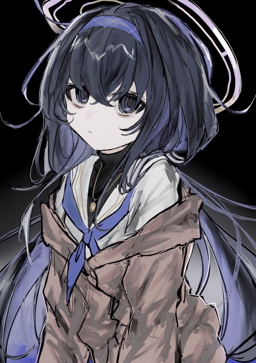 1girl, absurdres, black_eyes, black_hair, blue_archive, blue_hair, blue_neckerchief, brown_jacket, closed_mouth, hair_between_eyes, halo, highres, jacket, jewelry, long_hair, long_sleeves, multicolored_hair, neckerchief, necklace, off_shoulder, outeqsfhknvx, pale_skin, sailor_collar, sailor_shirt, shirt, solo, turtleneck, twintails, two-tone_hair, ui_(blue_archive), upper_body, white_shirt