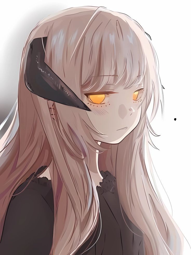 1girl, black_dress, blonde_hair, closed_mouth, collared_dress, dress, female_focus, horns