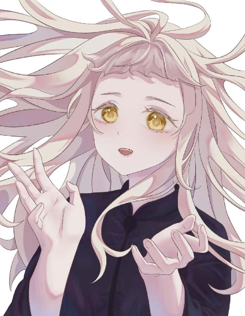 1girl, ahoge, arms_up, black_shirt, blonde_hair, blowing_hair, blush, bobafresh_art, female_focus, highres, light_blush, long_hair, open_mouth, shirt, simple_background, smile, solo, sylvie_indrath, the_beginning_after_the_end, very_long_hair, white_background, yellow_eyes