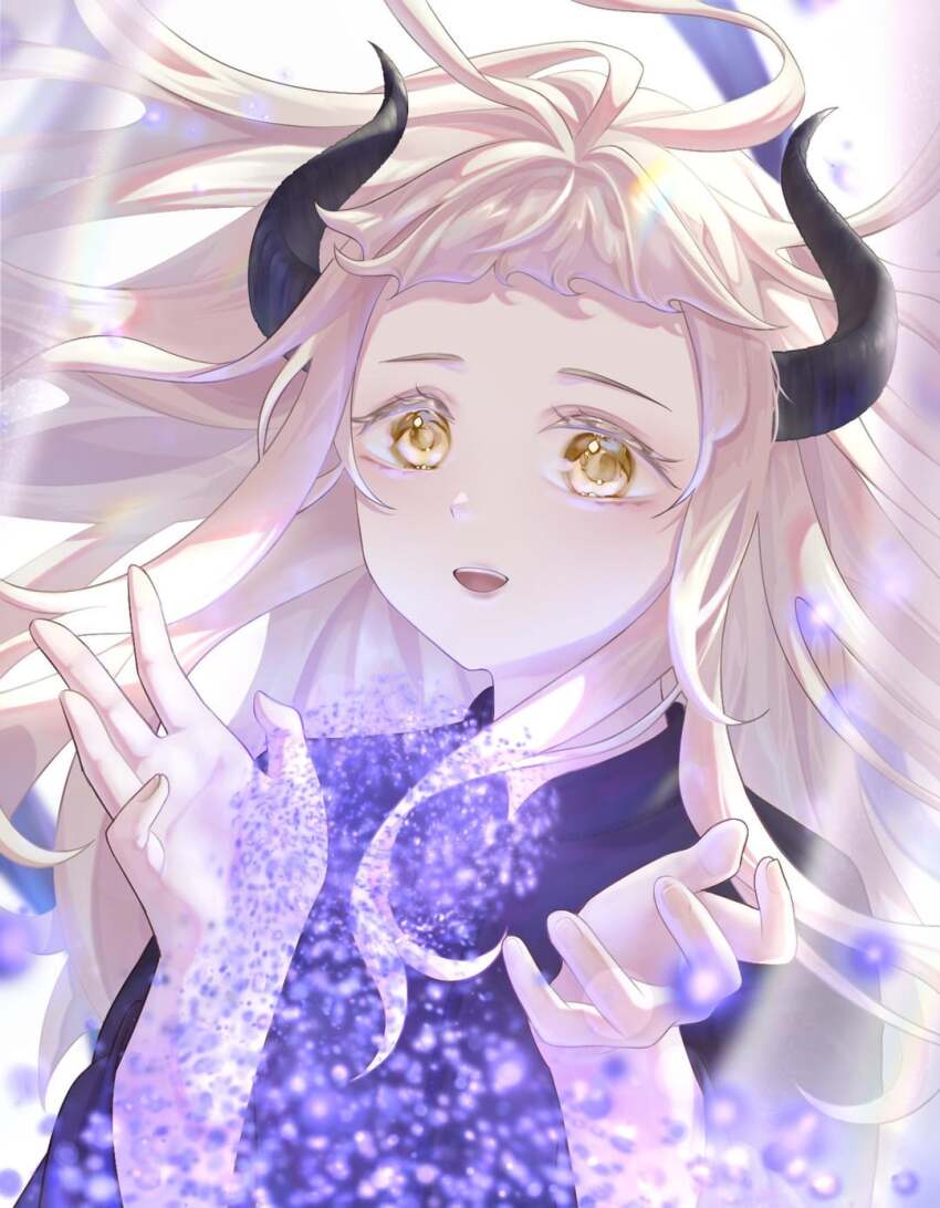 1girl, ahoge, arms_up, black_shirt, blonde_hair, blowing_hair, blush, bobafresh_art, female_focus, highres, light_blush, long_hair, magic, open_mouth, particles, shirt, simple_background, smile, solo, sylvie_indrath, the_beginning_after_the_end, very_long_hair, white_background, yellow_eyes