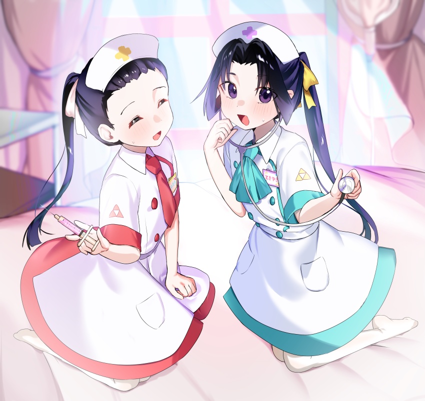 2boys, :d, absurdres, apron, black_hair, blanket, blunt_ends, blurry, blurry_background, blush, brothers, buttons, character_name, closed_eyes, collared_dress, contemporary, crossdressing, crossdressing_(mtf), curled_fingers, curtains, double-breasted, dress, full_body, green_neckerchief, hair_pulled_back, hair_ribbon, hand_on_lap, hand_on_own_cheek, hand_on_own_face, hand_up, highres, holding, holding_stethoscope, holding_syringe, houjou_kunitoki, houjou_tokiyuki_(nige_jouzu_no_wakagimi), infirmary, light_rays, long_hair, looking_at_viewer, maid, maid_headdress, male_focus, male_maid, medium_dress, mitsu_uroko, multiple_boys, name_tag, neckerchief, necktie, nige_jouzu_no_wakagimi, no_shoes, on_bed, open_mouth, pantyhose, parted_bangs, pome_56, ponytail, purple_eyes, red_necktie, ribbon, short_sleeves, siblings, sidelocks_tied_back, sitting, smile, stethoscope, sweatdrop, syringe, table, very_long_hair, white_apron, white_pantyhose, white_ribbon, window, wing_collar, yellow_ribbon, yokozuwari