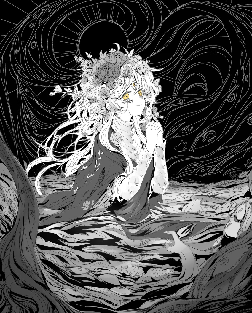 1girl, absurdres, black_dress, charlotte_wiltshire, charlotte_wiltshire_(oracle), crying, dated_commentary, dress, eldritch_abomination, extra_eyes, flower, greyscale, hair_flower, hair_ornament, halo, happy_tears, hello_charlotte, highres, long_hair, long_sleeves, mia_(39565899), monochrome, own_hands_clasped, own_hands_together, praying, ringed_eyes, shirt, smile, solo, spot_color, tears, third_eye, upper_body, yellow_eyes