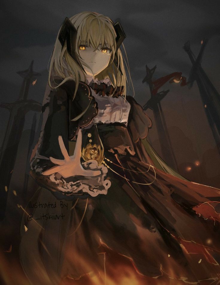 1girl, black_dress, blonde_hair, closed_mouth, cloud, cloudy_sky, cross, dress