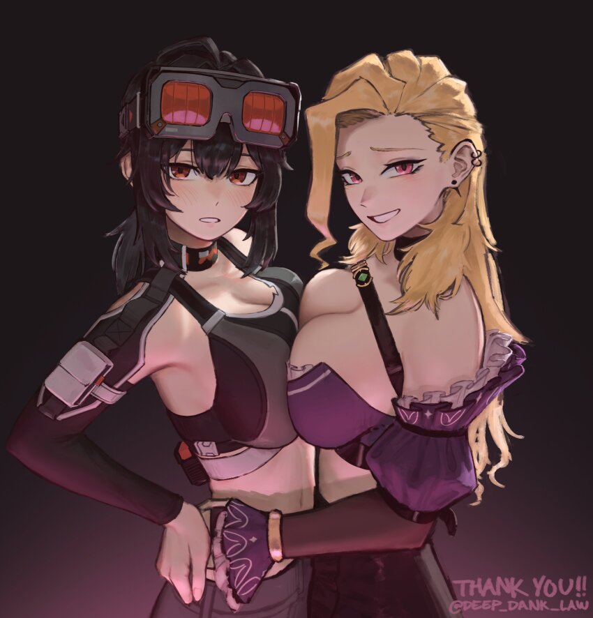 2girls, absurdres, ahoge, arm_around_another's_waist, arm_pouch, asymmetrical_docking, bare_shoulders, black_choker