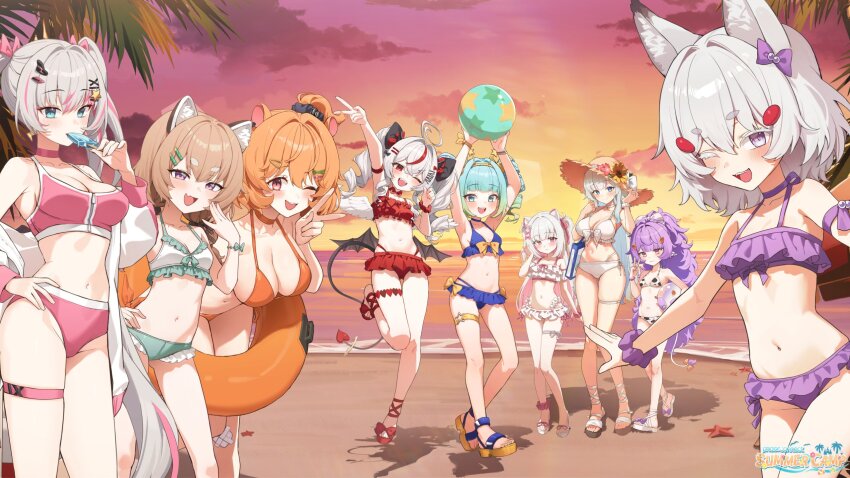 6+girls, ahoge, angel_wings, animal_ears, animal_print, ankle_scrunchie, aqua_eyes, aqua_hair, arm_strap, artist_request, ball, bandage_on_knee, beach, beachball, bikini, black_bow, blonde_hair, blue_bikini, blue_eyes, blunt_bangs, bow, bracelet, breasts, bright_pupils, brown_hair, choker, cleavage, cow_ears, cow_girl, cow_horns, cow_print, cow_print_bikini, demon_tail, demon_wings, dog_ears, dog_girl, double-parted_bangs, drill_hair, earrings, eating, eimi_isami, fang, food, fox_ears, fox_girl, frilled_bikini, frills, gradient_sky, gram_pico, grey_hair, hair_bow, hair_ornament, hairband, hairpin, hamster_ears, hamster_girl, hat, high_ponytail, high_side_ponytail, highres, hikanari_hina, holding, holding_food, holding_popsicle, horns, innertube, jacket, jelly_hoshiumi, jewelry, komachi_panko, large_breasts, lightning_bolt_earrings, lightning_bolt_symbol, long_hair, looking_at_viewer, medium_breasts, medium_hair, multiple_girls, multiple_hairpins, muu_muyu, navel, one_eye_closed, open_mouth, orange_bikini, orange_bow, orange_eyes, orange_hair, palm_tree, phase_connect, phase_connect_jp, pink_bikini, pink_bow, pink_choker, pink_eyes, ponytail, popsicle, print_bikini, purple_bikini, purple_bow, purple_eyes, purple_hair, red_bikini, red_bow, red_eyes, red_panda_ears, red_panda_girl, remilia_nephys, rinkou_ashelia, rinkou_ashelia_(lia_2.0), sandals, scrunchie, side_ponytail, sidelocks, skin_fang, sky, small_breasts, standing, standing_on_one_leg, sun_hat, sunset, swim_ring, swimsuit, tail, tail_bow, tail_halo, tail_ornament, tenma_maemi, thick_eyebrows, thigh_strap, tree, twin_drills, twintails, very_long_hair, virtual_youtuber, wavy_hair, white_bikini, white_hair, white_jacket, white_pupils, wings, wispy_bangs, wrist_scrunchie, yellow_hairband