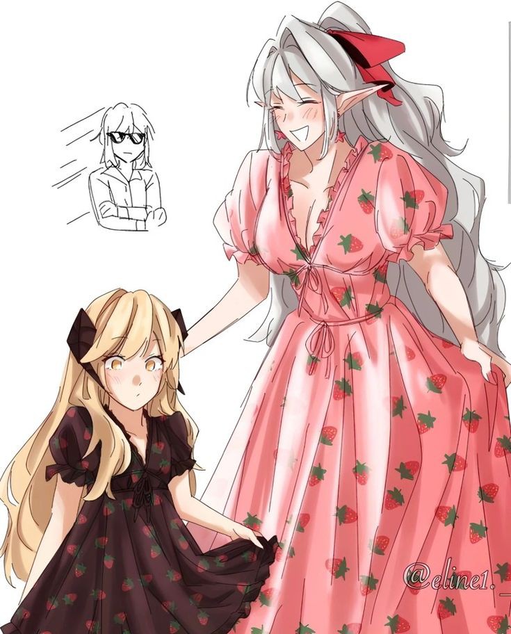 2girls, black_dress, blonde_hair, blush, closed_eyes, closed_mouth, dragon_horns, dress