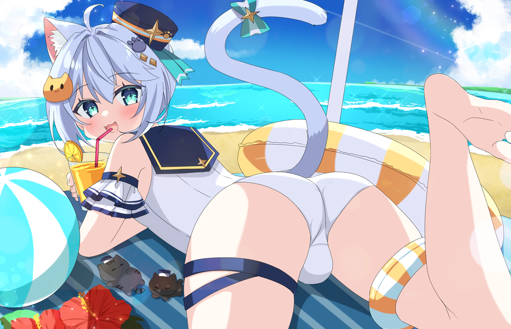 1boy, :3, ahoge, animal_ear_fluff, animal_ears, aqua_eyes, ass, ball, bare_shoulders, barefoot, beach, beach_towel, beachball, blue_sky, blush, bulge, casual_one-piece_swimsuit, cat_boy, cat_ears, cat_hair_ornament, cat_tail, cloud, crossdressing, crossdressing_(mtf), cup, drinking_straw, flower, food, from_behind, fruit, glass, grey_hair, hair_ornament, hat, hibiscus, holding, holding_cup, indie_virtual_youtuber, innertube, lying, ocean, on_stomach, one-piece_swimsuit, open_mouth, orange_(fruit), orange_slice, paw_hair_ornament, sailor_collar, sand, shiromaru_(shiromaru_tm), shiromaru_(vtuber), short_hair, sidelocks, sky, smile, star-shaped_pupils, star_(symbol), swim_ring, swimsuit, symbol-shaped_pupils, tail, thigh_strap, towel, trap, umbrella, virtual_youtuber, water, white_one-piece_swimsuit