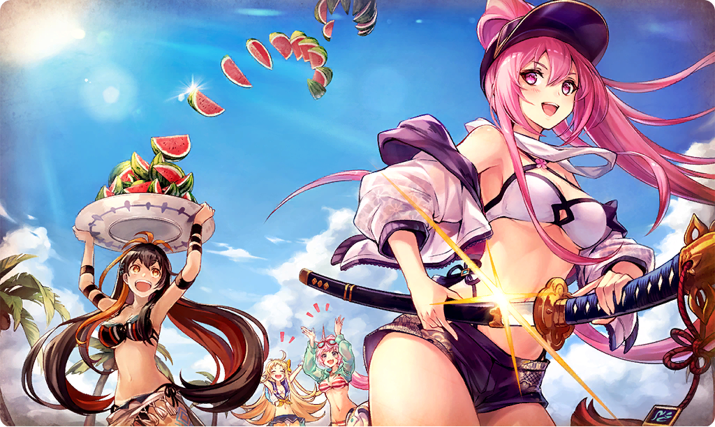 4girls, almira_(ta_ga_tame_no_alchemist), arms_up, bikini, blue_sky, brown_eyes, brown_hair, cloud
