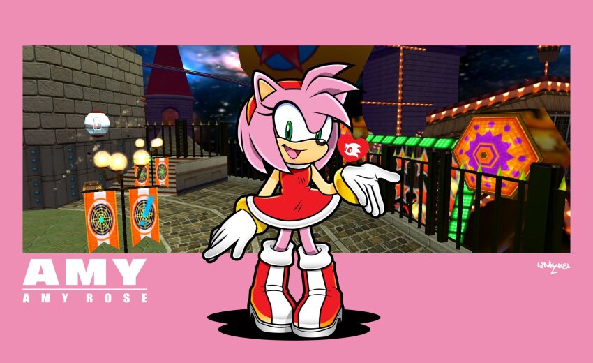 1girl, amy_rose, blowing_kiss, boots, bracelet, castle, dress, eyelashes, full_body, game_screenshot_inset, gloves, green_eyes, hairband, highres, item_box_(sonic), jewelry, lamppost, looking_at_viewer, open_mouth, pink_background, pink_fur, red_boots, red_dress, red_hairband, signature, smile, solo, sonic_(series), sonic_adventure, sonicthebluestar, standing, twinkle_park, white_gloves