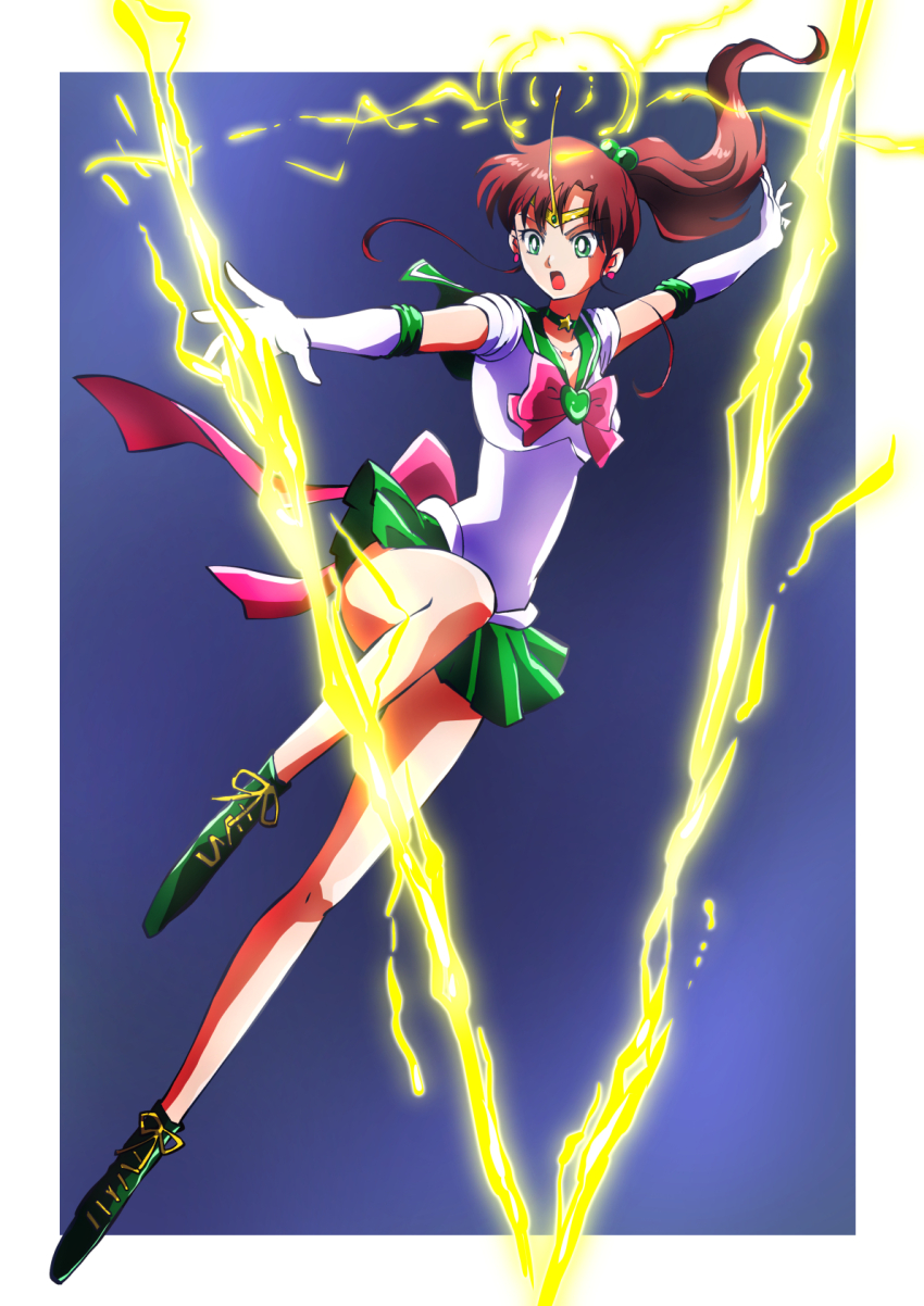 1girl, bishoujo_senshi_sailor_moon, border, brown_hair, commentary_request, dark_background, elbow_gloves, electricity