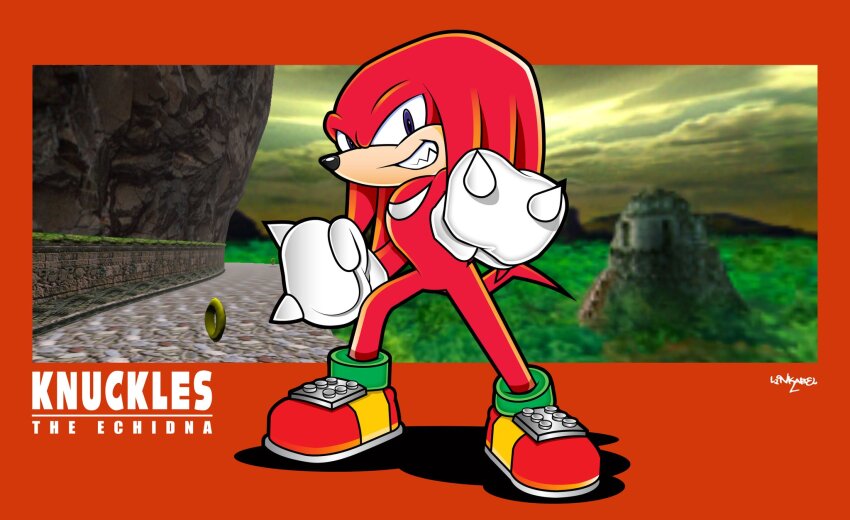 clenched_hands, full_body, game_screenshot_inset, grin, highres, knuckles_the_echidna, looking_at_viewer, mittens