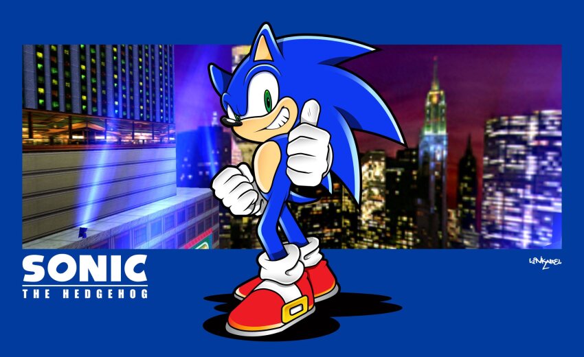 1boy, animal_ears, blue_background, blue_fur, buckle, building, cityscape, full_body, game_screenshot_inset, gloves, green_eyes, grin, hedgehog_boy, highres, looking_at_viewer, night, signature, skyscraper, smile, solo, sonic_(series), sonic_adventure, sonic_the_hedgehog, sonicthebluestar, standing, thumbs_up, white_gloves