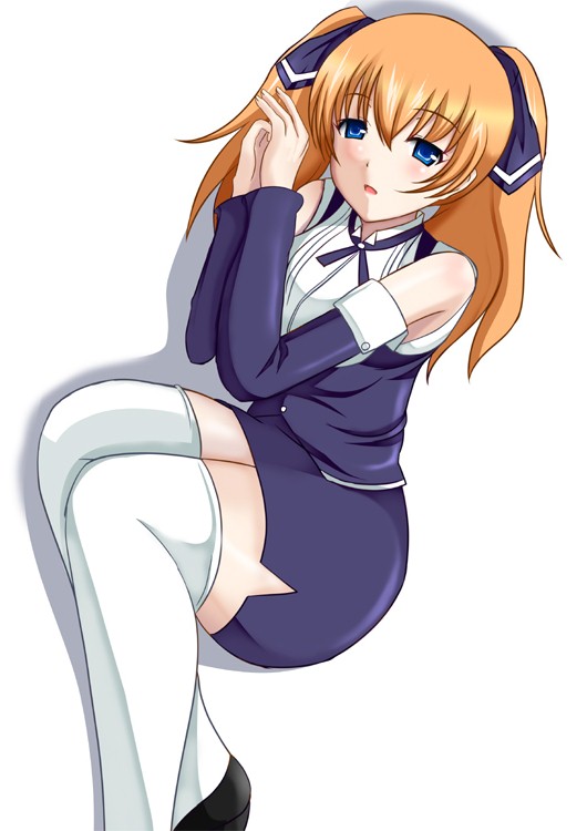 10s, 1girl, anya_helsing, blue_eyes, detached_sleeves, female_focus, hair_ribbon, lying, miniskirt, natsuzakura_yuuki, on_side, orange_hair, ribbon, rio_-rainbow_gate!-, simple_background, skirt, solo, super_blackjack, thighhighs, twintails, white_background, white_thighhighs