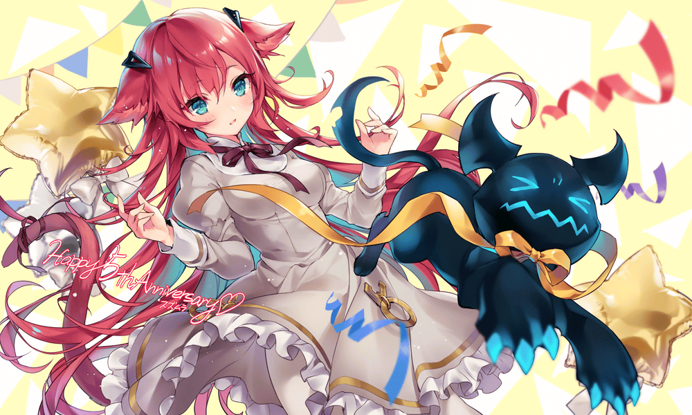 1girl, animal_ears, aqua_eyes, bad_link, balloon, cowboy_shot, hair_between_eyes, hair_ornament