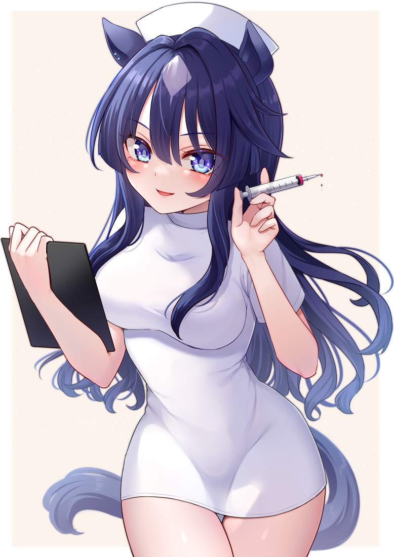 1girl, alternate_costume, animal_ears, blue_hair, blush, breasts, commentary_request, dark_blue_hair