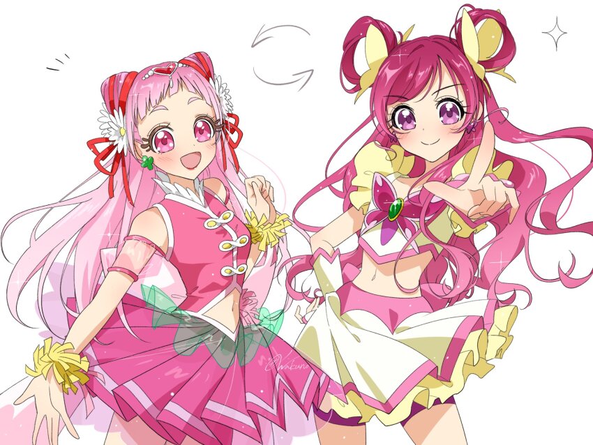 2girls, :d, alternate_hairstyle, arm_up, arm_warmers, arrow_(symbol), artist_name, bare_shoulders