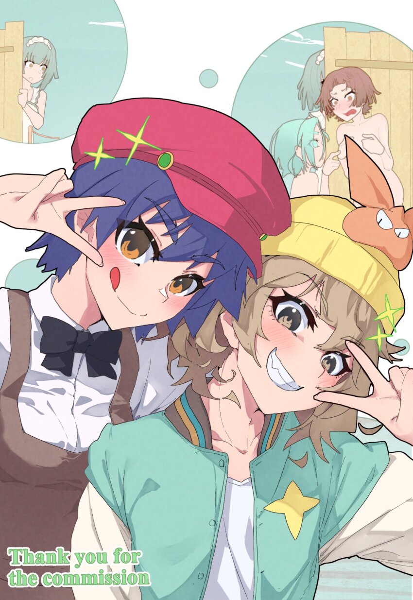 5girls, :q, apron, aqua_eyes, aqua_hair, aqua_jacket, black_bow, black_bowtie, blue_sky, blush, borrowed_clothes, bow, bowtie, breasts, brown_eyes, brown_hair, brown_romper, closed_mouth, cloud, collarbone, collared_shirt, commentary, commission, completely_nude, convenient_censoring, covering_breasts, covering_privates, dress_shirt, dual_persona, embarrassed, english_text, fence, frilled_hairband, frills, grin, hair_between_eyes, hairband, hanamonogatari, hat, highres, jacket, kanbaru_suruga, knit_hat, letterman_jacket, maid_headdress, medium_hair, monogatari_(series), multicolored_jacket, multiple_girls, nademonogatari, naked_apron, newsboy_cap, nude, numachi_rouka, official_alternate_costume, official_alternate_hairstyle, ononoki_yotsugi, open_clothes, open_jacket, open_mouth, orange_hat, outdoors, parted_lips, peeking_out, pink_hat, pointing, pointing_at_another, purple_hair, romper, sengoku_nadeko, shirt, short_hair, sky, small_breasts, smile, sparkle, speech_bubble, squatting, surprised, t-shirt, theft, thick_eyebrows, thomas_(aoakumasan), thought_bubble, tomboy, tongue, tongue_out, two-tone_jacket, upper_body, v, v_over_eye, wavy_hair, white_background, white_hairband, white_jacket, white_shirt, wooden_fence, worried, yellow_hat