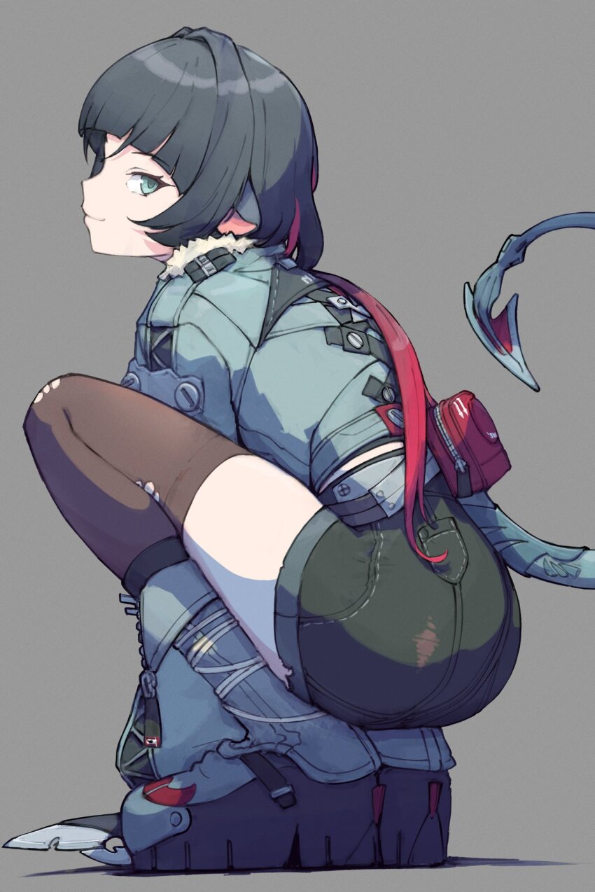 1girl, animal_ears, black_shorts, blunt_bangs, brown_thighhighs, closed_mouth, from_side, full_body