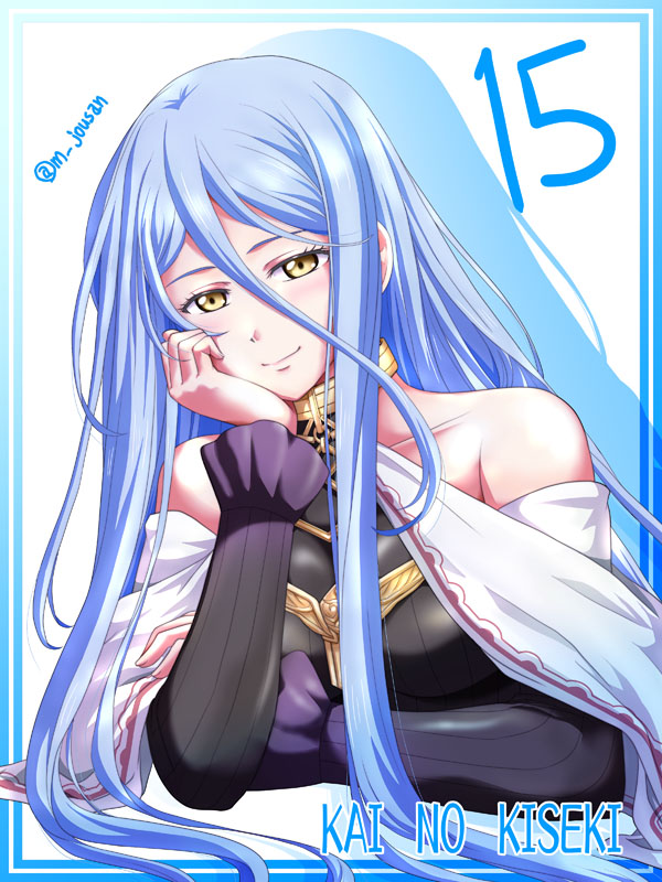 1girl, bare_shoulders, blue_border, blue_hair, blush, border, breasts, closed_mouth