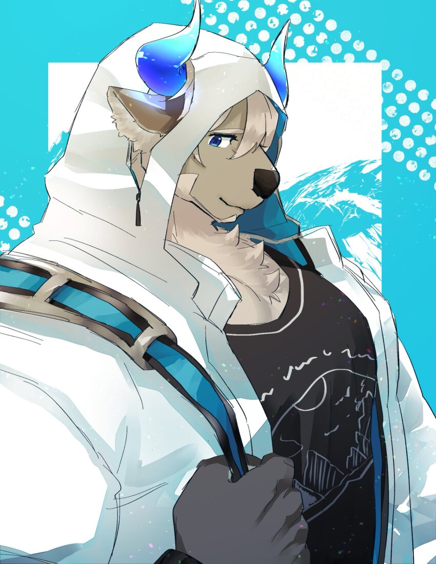 1boy, bara, beard, bigfoot_(housamo), black_shirt, blue_eyes, body_fur, bone_color919