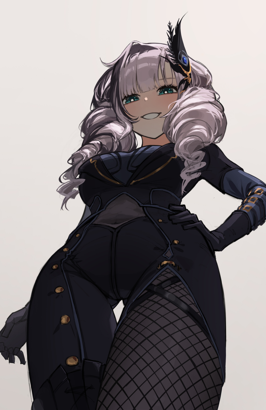 1girl, absurdres, black_gloves, black_hair, boots, breasts, bright_pupils, cleavage, contrapposto, cowboy_shot, edwin62293123, fishnet_pantyhose, fishnets, gloves, green_eyes, hair_ornament, hand_on_own_hip, highres, hololive, hololive_indonesia, large_breasts, long_hair, looking_at_viewer, multicolored_hair, navel, official_alternate_costume, open_mouth, pantyhose, pavolia_reine, pavolia_reine_(5th_costume), ribbon, simple_background, skin_tight, smile, solo, standing, twintails, two-tone_hair, virtual_youtuber, white_background, white_hair