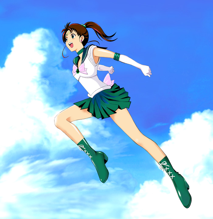 1girl, bishoujo_senshi_sailor_moon, blue_sky, boots, brown_hair, cloud, cloudy_sky, commentary_request