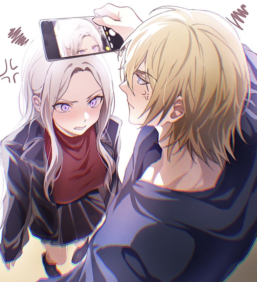 1boy, 1girl, anger_vein, angry, annoyed, black_footwear, black_skirt, blonde_hair