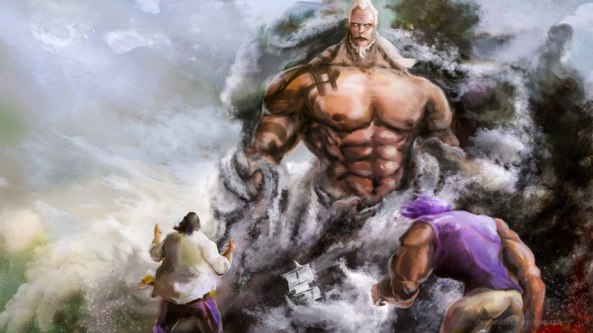 3boys, abs, arm_tattoo, attack, beard, black_hair, commentary, darkness, delta_(naval_flag), english_commentary, facial_hair, giant, highres, jesus_burgess, kong_(one_piece), long_hair, marshall_d._teach, multiple_boys, muscular, muscular_male, no_pupils, ocean, one_piece, pectorals, pirate_costume, purple_hair, purple_vest, riopapa, ship, shirt, shoulder_tattoo, smoke, tattoo, topless_male, vest, water, watercraft, white_hair, white_shirt