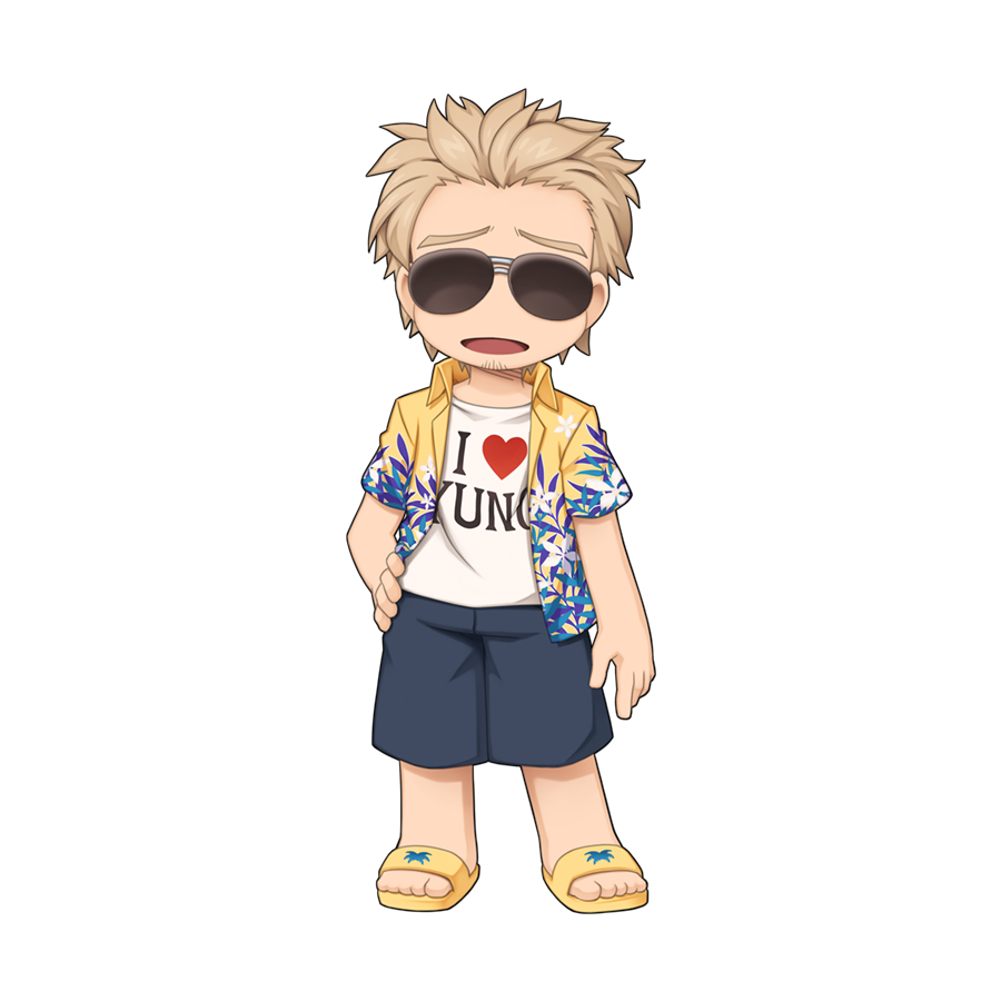 1boy, black_shorts, chibi, chibi_only, clothes_writing, collared_shirt, facial_hair, flip-flops