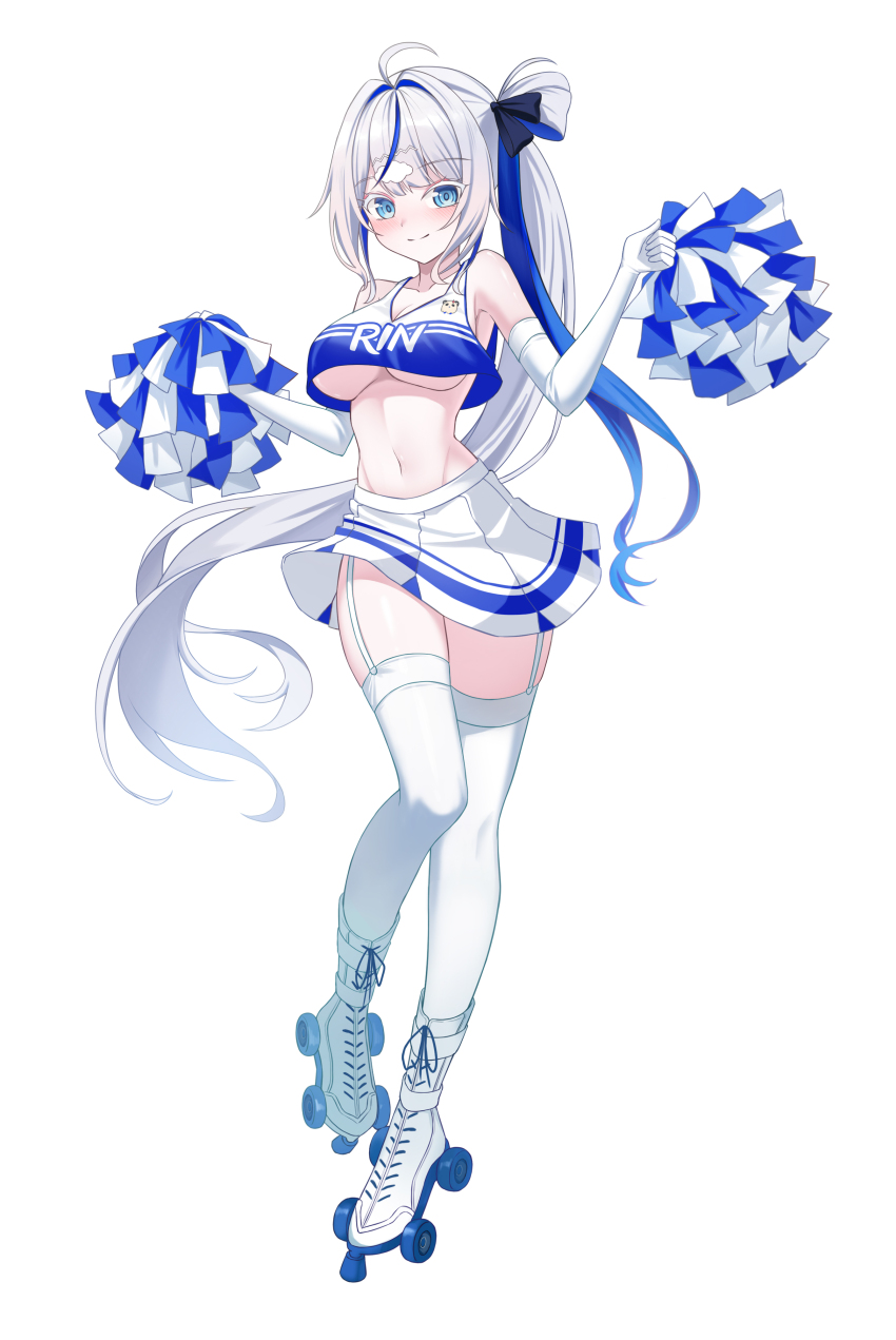 1girl, absurdres, ahoge, aokumo_rin, bare_shoulders, blue_eyes, blue_hair, boots