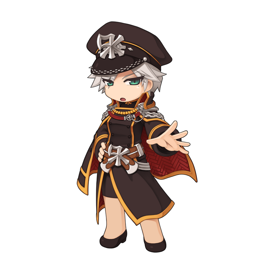 1girl, bandolier, belt, black_coat, black_hat, black_shoes, black_skirt, breasts, brown_belt, buttons, chain, chibi, chibi_only, coat, double-breasted, epaulettes, est_loveroy, eyes_visible_through_hair, full_body, gold_trim, green_eyes, grey_hair, hair_between_eyes, hand_on_own_hip, hat, long_bangs, looking_at_viewer, medium_breasts, military_hat, military_uniform, mole, mole_under_eye, official_art, open_mouth, peaked_cap, ragnarok_online, rebellion_(ragnarok_online), shoes, short_hair, simple_background, skirt, solo, standing, transparent_background, yuichirou