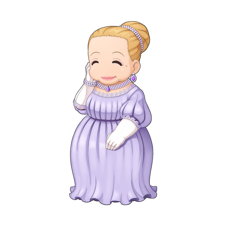 1girl, blonde_hair, chibi, chibi_only, closed_eyes, closed_mouth, cotnes, dress, earrings, full_body, gem, gloves, hair_bun, hand_on_own_cheek, hand_on_own_face, jewelry, lace, lace-trimmed_dress, lace_trim, long_dress, mature_female, necklace, official_art, old, old_woman, pearl_earrings, pearl_hair_ornament, pearl_necklace, purple_dress, purple_gem, ragnarok_online, simple_background, single_hair_bun, smile, solo, transparent_background, white_gloves, yuichirou