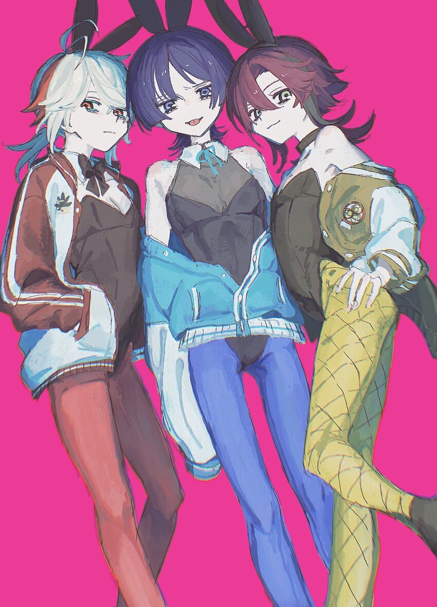 animal_ears, black_bow, black_bowtie, black_choker, black_hair, black_leotard, blue_eyes, blue_hair, blue_pantyhose, bow, bowtie, choker, crossdressing, crossdressing_(mtf), fake_animal_ears, genshin_impact, green_eyes, hair_between_eyes, hand_in_pocket, highres, jacket, kaedehara_kazuha, komiroku, leotard, long_sleeves, looking_at_viewer, multicolored_hair, multiple_boys, off_shoulder, open_clothes, open_jacket, pantyhose, pink_background, playboy_bunny, ponytail, rabbit_ears, red_eyes, red_hair, red_pantyhose, scaramouche_(genshin_impact), shikanoin_heizou, simple_background, tongue, tongue_out, trap, tree, yellow_pantyhose