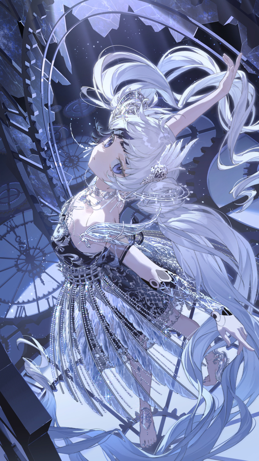 1girl, absurdres, analog_clock, arched_back, bare_shoulders, barefoot, black_dress, black_hair, blunt_bangs, broken_glass, clock, closed_mouth, crinoline, dancing, detached_sleeves, doll_joints, dress, earrings, expressionless, feather_dress, feather_hair_ornament, feathers, full_body, gears, glass, grey_nails, hair_ornament, highres, hollow_body, jewelry, joints, life_makeover, light_particles, long_hair, looking_at_viewer, looking_up, medium_dress, multicolored_hair, nail_polish, necklace, outstretched_arms, purple_eyes, see-through_clothes, see-through_sleeves, short_sleeves, solo, spread_arms, strapless, strapless_dress, streaked_hair, tian_yanyan, toenail_polish, toenails, twintails, two-tone_dress, very_long_hair, white_dress, white_hair