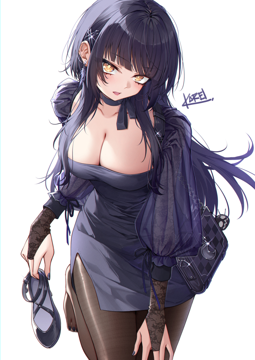 1girl, alternate_costume, bag, black_bridal_gauntlets, black_dress, black_hair, black_nails, black_pantyhose