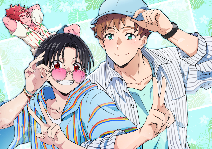 3boys, aqua_background, aqua_shirt, arms_behind_head, asamine_matakara, baseball_cap, black_hair, blue_shorts